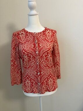 Ann Taylor Chili Red and Beige Patterned Button-Front Sweater
